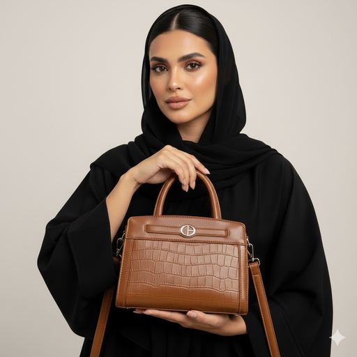 [80251-BROWN ] حقيبة كروك إيليت بتصميم فخم وشعار معدني (بني)