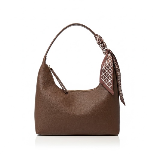 [STB02-Coffee] Silk-Accent Soft Leather Shoulder Bag (Coffee)