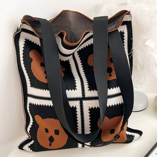 [B-38] Embroidered Bear Pattern Canvas Tote Bag