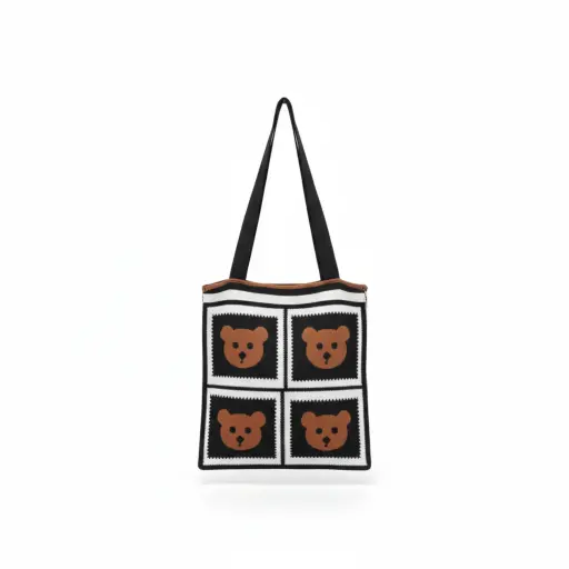[B-38] Embroidered Bear Pattern Canvas Tote Bag